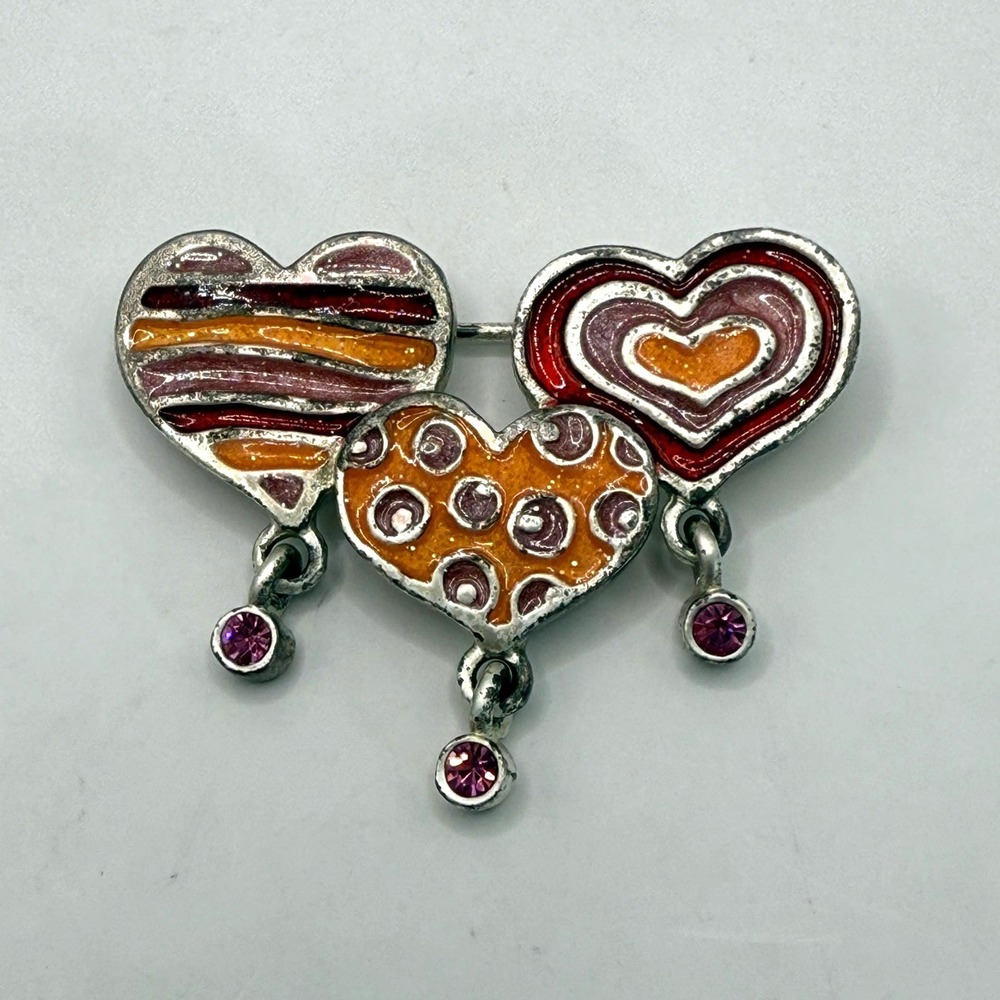 Vintage‎ AJMC Enamel Heart Brooch Silver Tone Pink Rhinestone Dangle